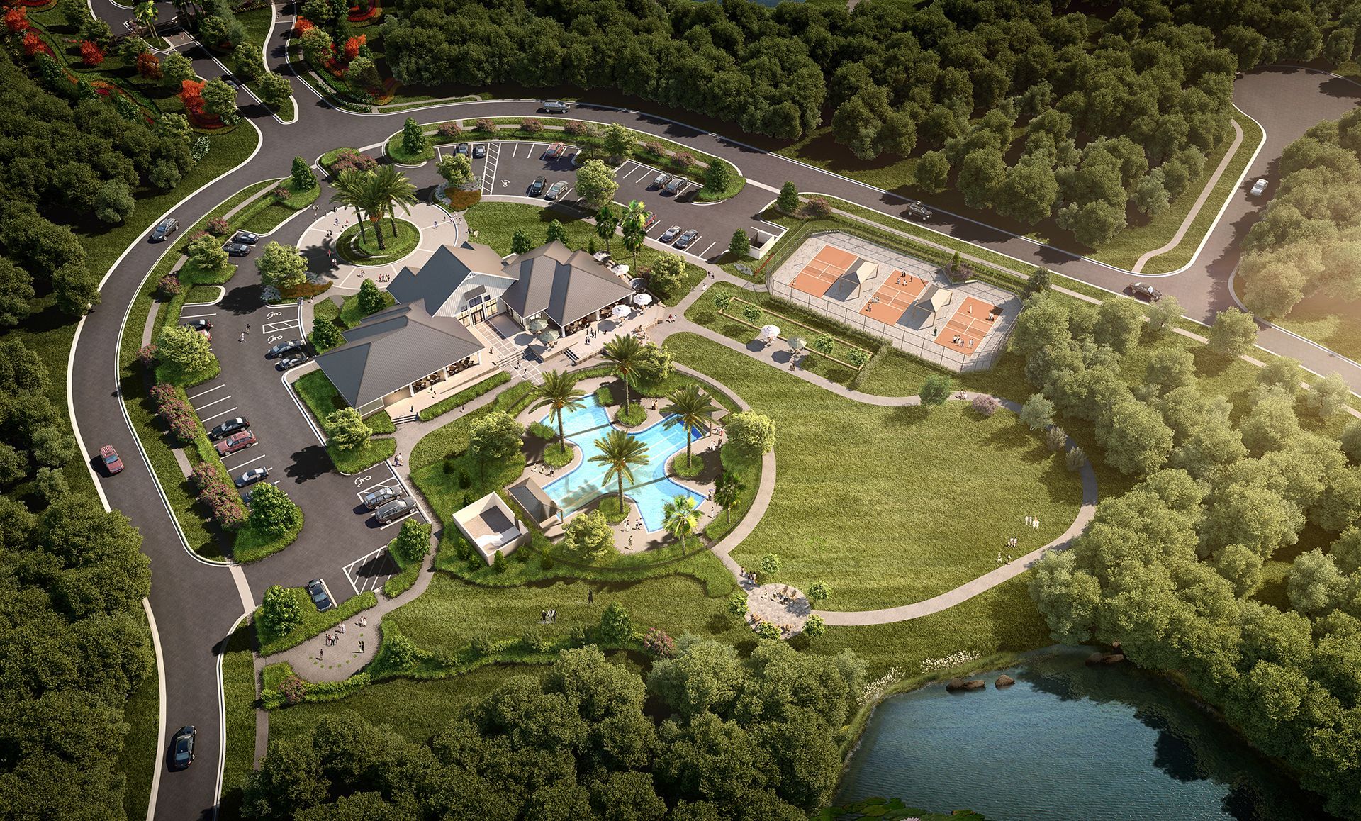 Aerial rendering of the Lakeview 55+ amenity center at Tributary