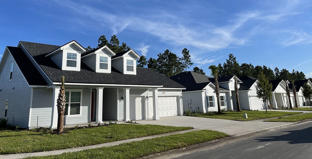 Streetscape of model homes at Tributary