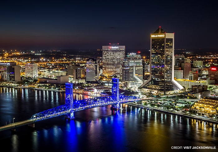 aerial view of the river and downtown Jacksonville lit up at night
