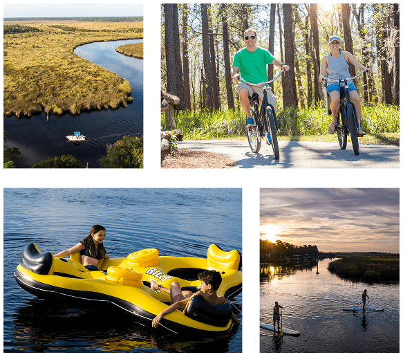 Collage of residents enjoying kayaking, hiking, and outdoor adventures at Tributary in Nassau County, Florida