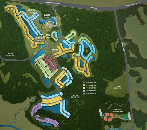 Aerial neighborhood plan of the Tributary master-planned community in Nassau County, Florida