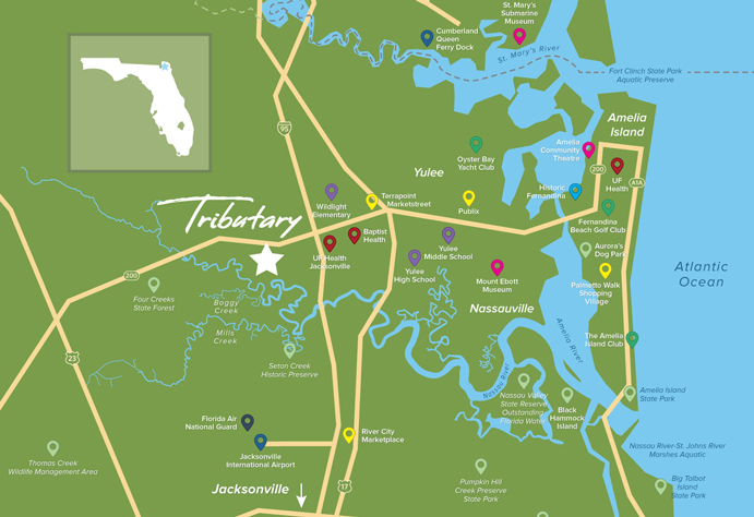Map of North Florida indicating location of Tributary and other locations near by