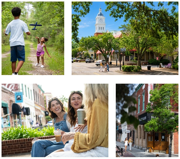 Collage of nearby attractions near Tributary, including kids playing outdoors and a historic downtown area.
