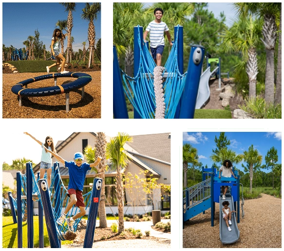 Collage of children playing on rope climbers, balance rings, and a slide at the Tributary Adventure Zone playground.