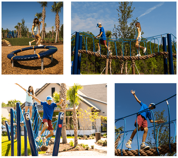 Collage of children and families enjoying the Adventure Zone playground at Tributary in Nassau County, Florida