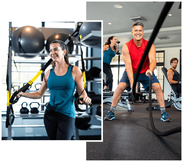 Collage of residents working out in the fitness studio at Tributary in Nassau County, Florida