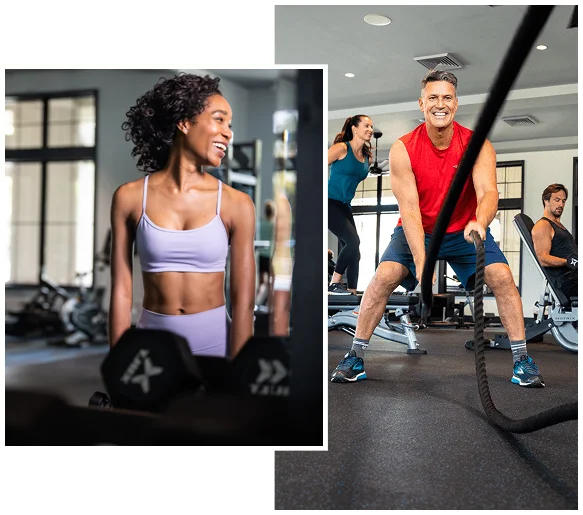 Collage of members working out at the Tributary fitness studio, including dumbbells and battle ropes.