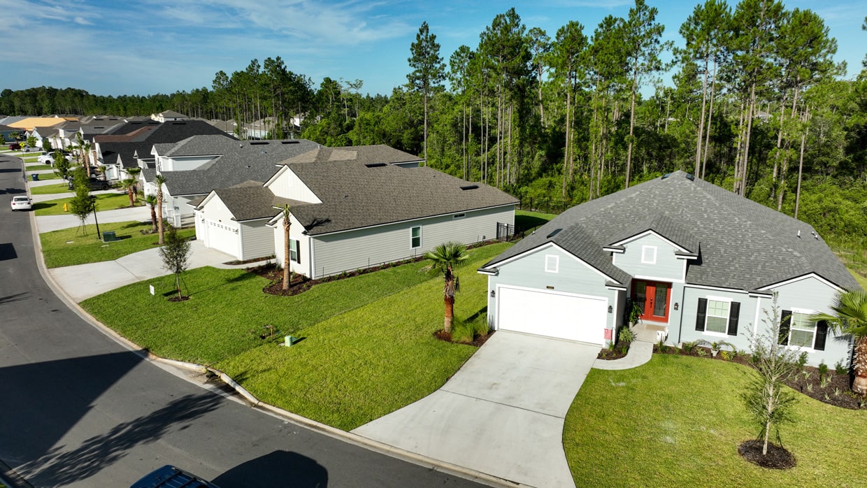 aerial streetscape of tributary homes