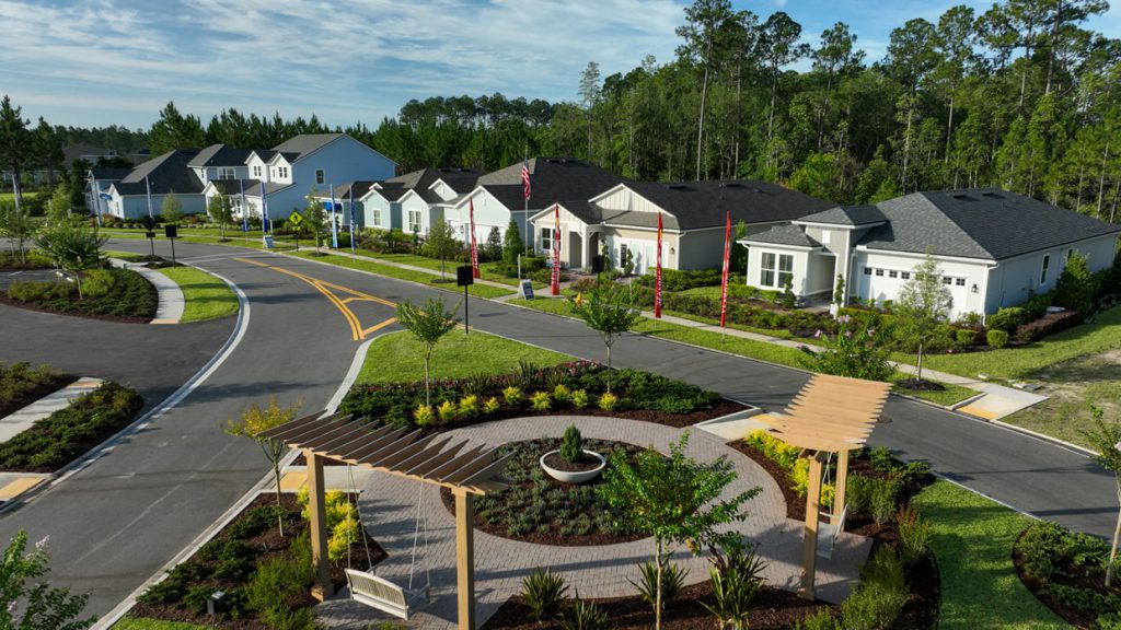 aerial of the model homes and pocket park at tributary