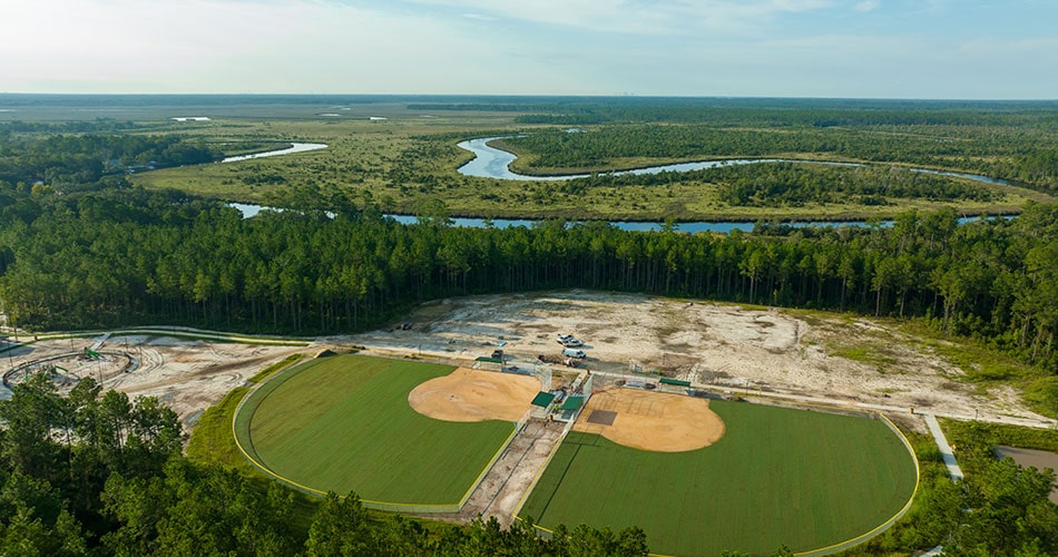 aerial image of the tributary regional park with nassau river behind it