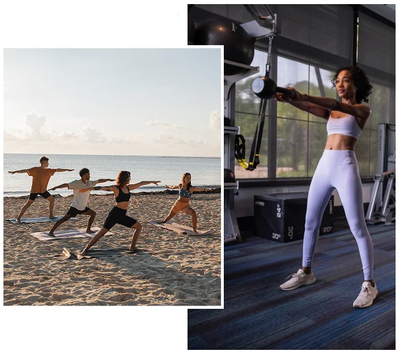 Collage of a beach yoga class at sunrise and a woman working out on a cable machine at the Tributary gym.