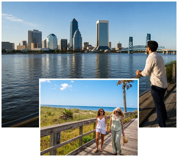 Collage of the Jacksonville skyline at sunset and a boardwalk leading to the beach near Tributary.