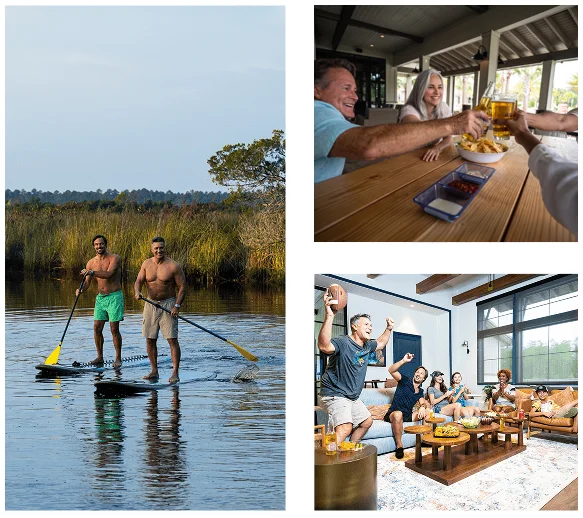 Collage of paddleboarding on a marsh, friends toasting over food, and neighbors watching a football game at Tributary.