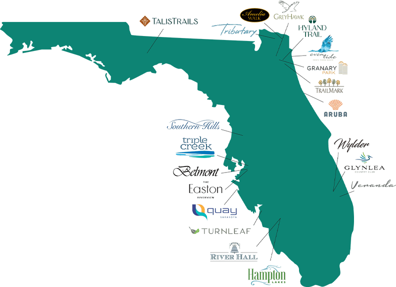 Florida map of GreenPointe Developers projects throughout the state
