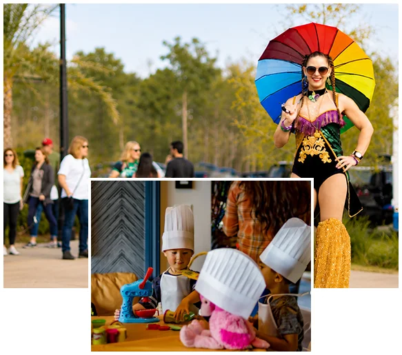 Collage of a stilt walker with a rainbow umbrella and children in chef hats at a Tributary community event.