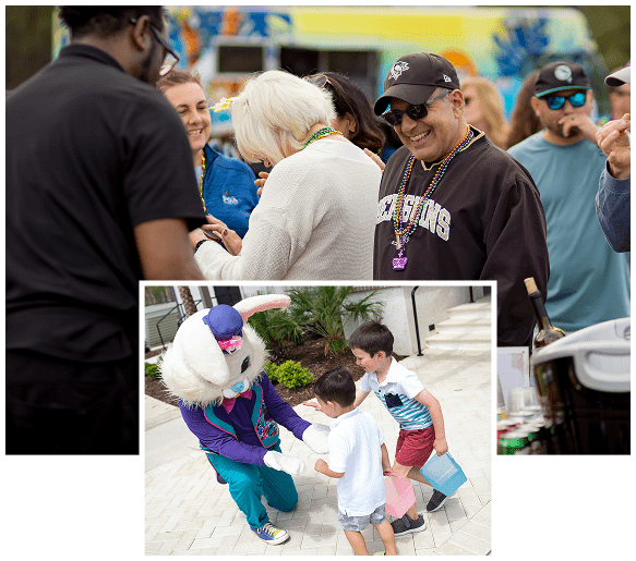 Collage of residents enjoying community events and outdoor activities through the Lifestyle Program at Tributary in Nassau County, Florida