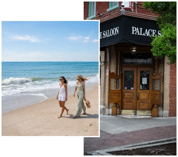 Collage of Amelia Island featuring a beach walk and the historic Palace Saloon storefront near Tributary.