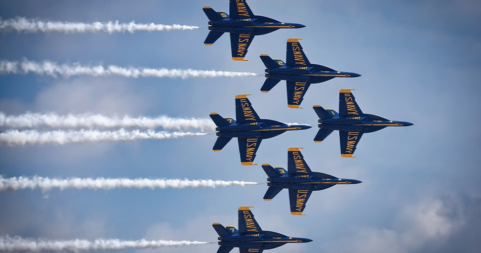 U.S. Navy Blue Angels flying in formation at the Jacksonville Air Show.