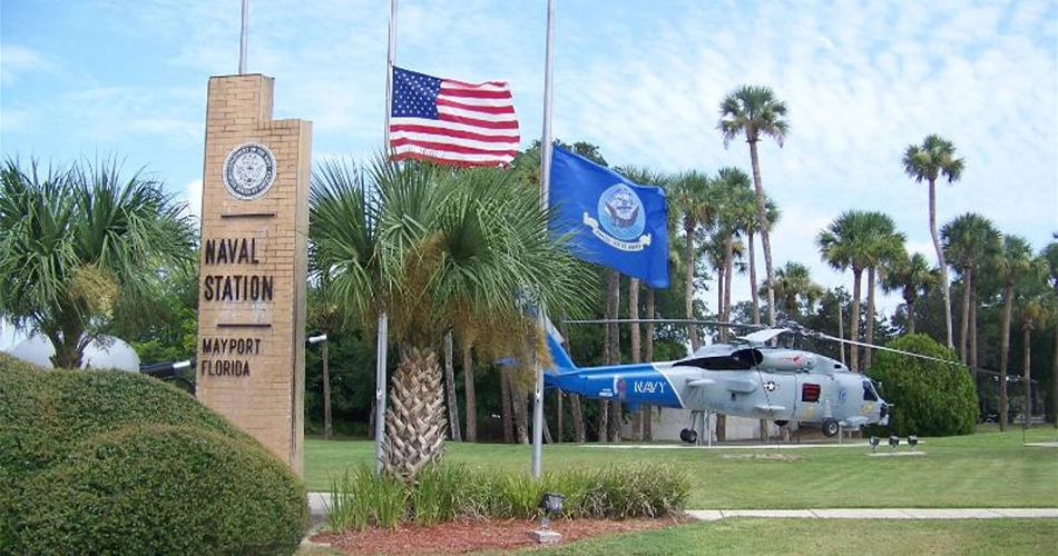 Naval Station Mayport sign and helicopter near Jacksonville, Florida.