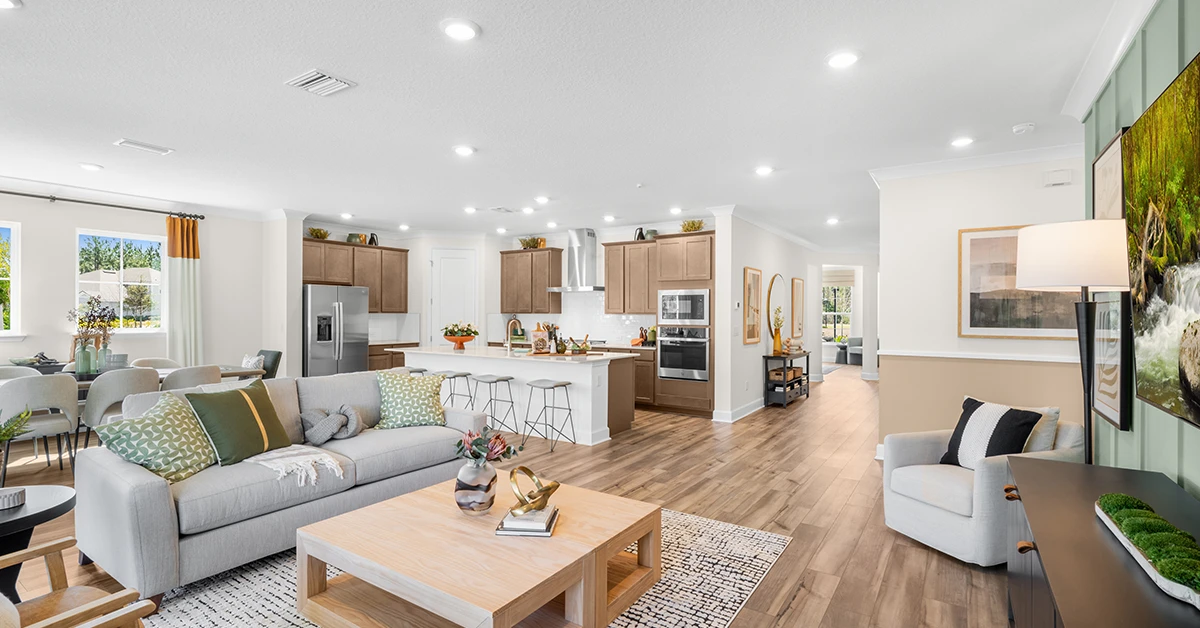 Open concept living room and kitchen with modern furnishings